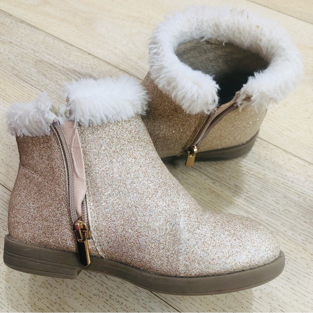 Glittery Gold Ankle Boots with Faux Fur Lining